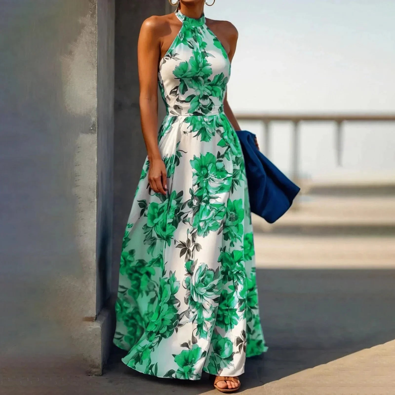 Vreni Gruen Blumen Aermellos Hohe Taille Slim Fit Damen Maxikleid | Elegant Fliessend Sommer Strand Urlaubskleid | Schmeichelnd - S-3XL