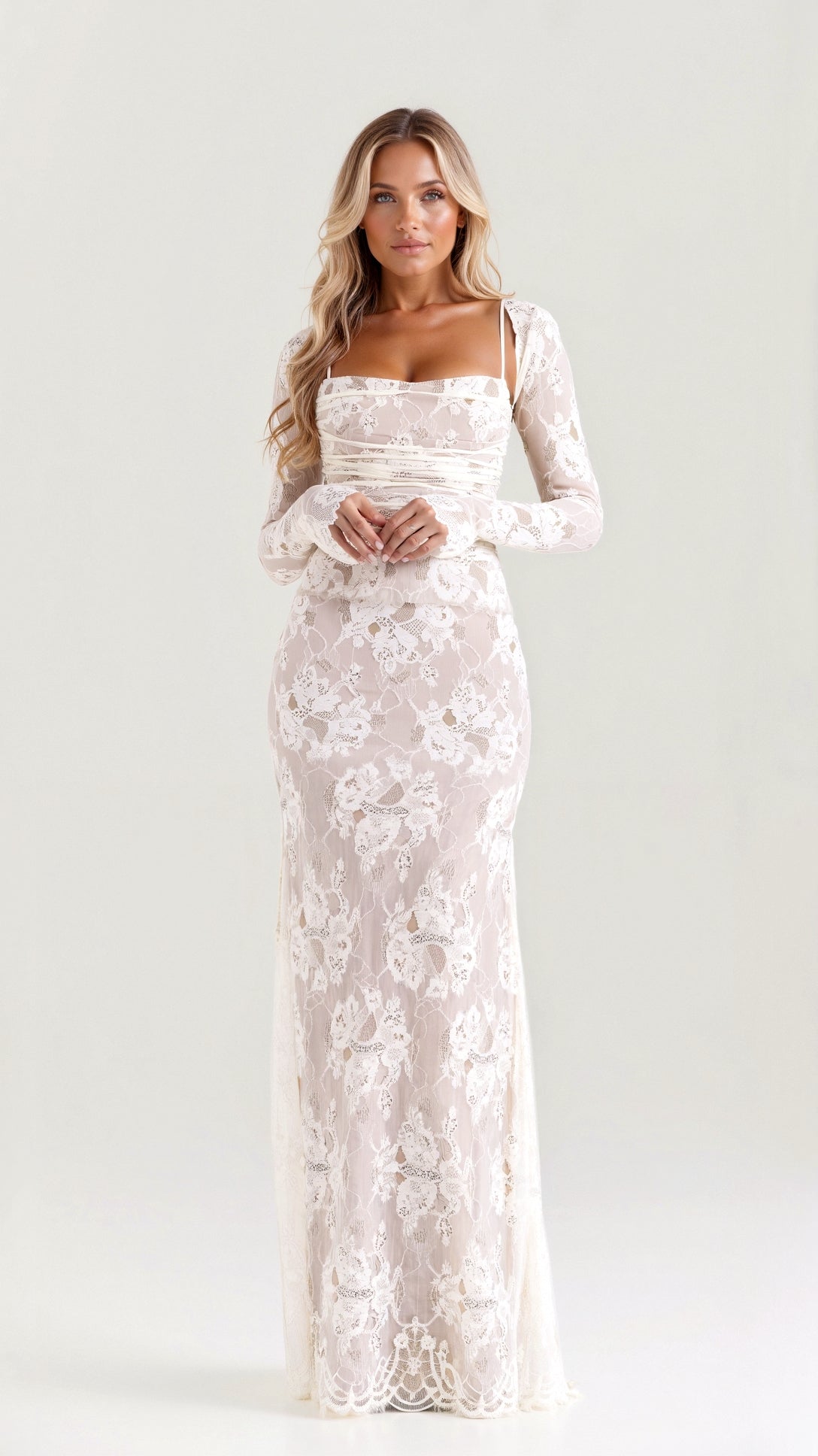 Sophie Damen Kleid | Elegantes Abendkleid Lang mit Spitzenmuster, Ideal für Hochzeitsgast- S-L