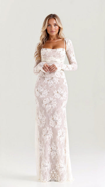 Sophie Damen Kleid | Elegantes Abendkleid Lang mit Spitzenmuster, Ideal für Hochzeitsgast- S-L