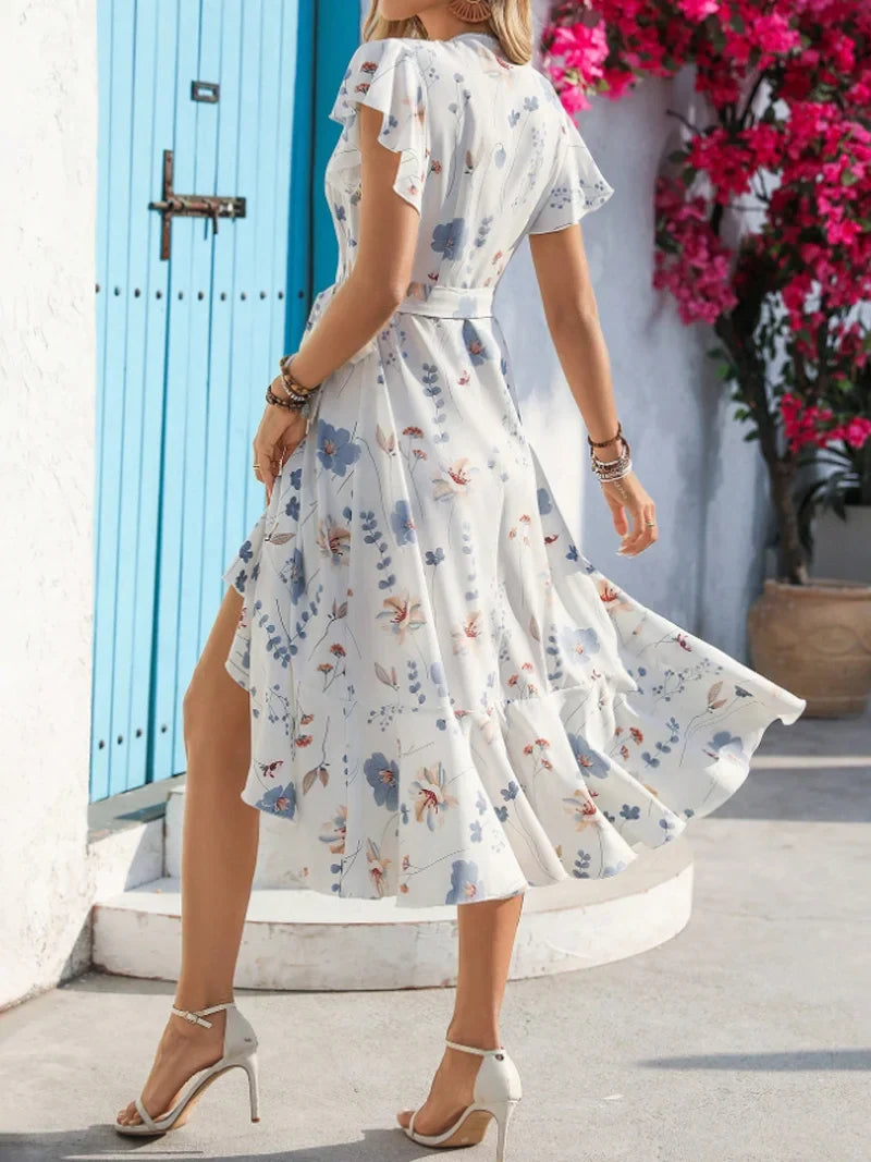 Elisabeth Blau Blumen Aermellos Rueschen Plissee Damen Midi Kleid | Elegant Leicht Fliessend Sommer Gartenparty Kleid | Bequem - S/M/L/XL