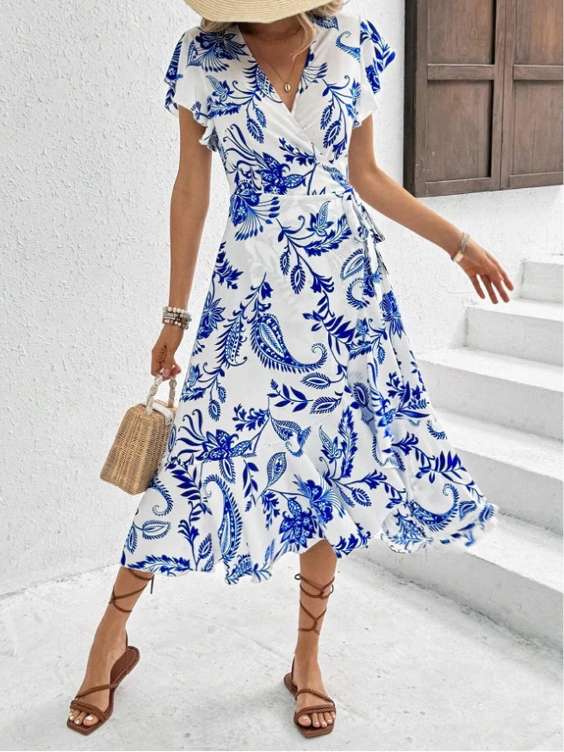 Elisabeth Blau Blumen Aermellos Rueschen Plissee Damen Midi Kleid | Elegant Leicht Fliessend Sommer Gartenparty Kleid | Bequem - S/M/L/XL