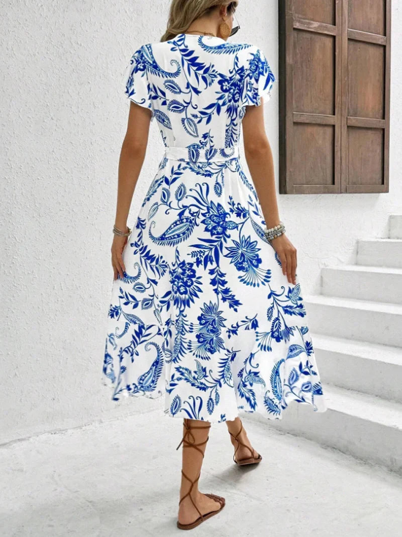 Elisabeth Blau Blumen Aermellos Rueschen Plissee Damen Midi Kleid | Elegant Leicht Fliessend Sommer Gartenparty Kleid | Bequem - S/M/L/XL