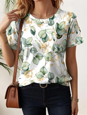 Monika Mehrfarbig Blumen Grafik Rundhals Kurzarm Damen Longshirt Baumwolle | Leicht Laessig Frisch Sommer Freizeit Oberteil | Bequem - S-5XL