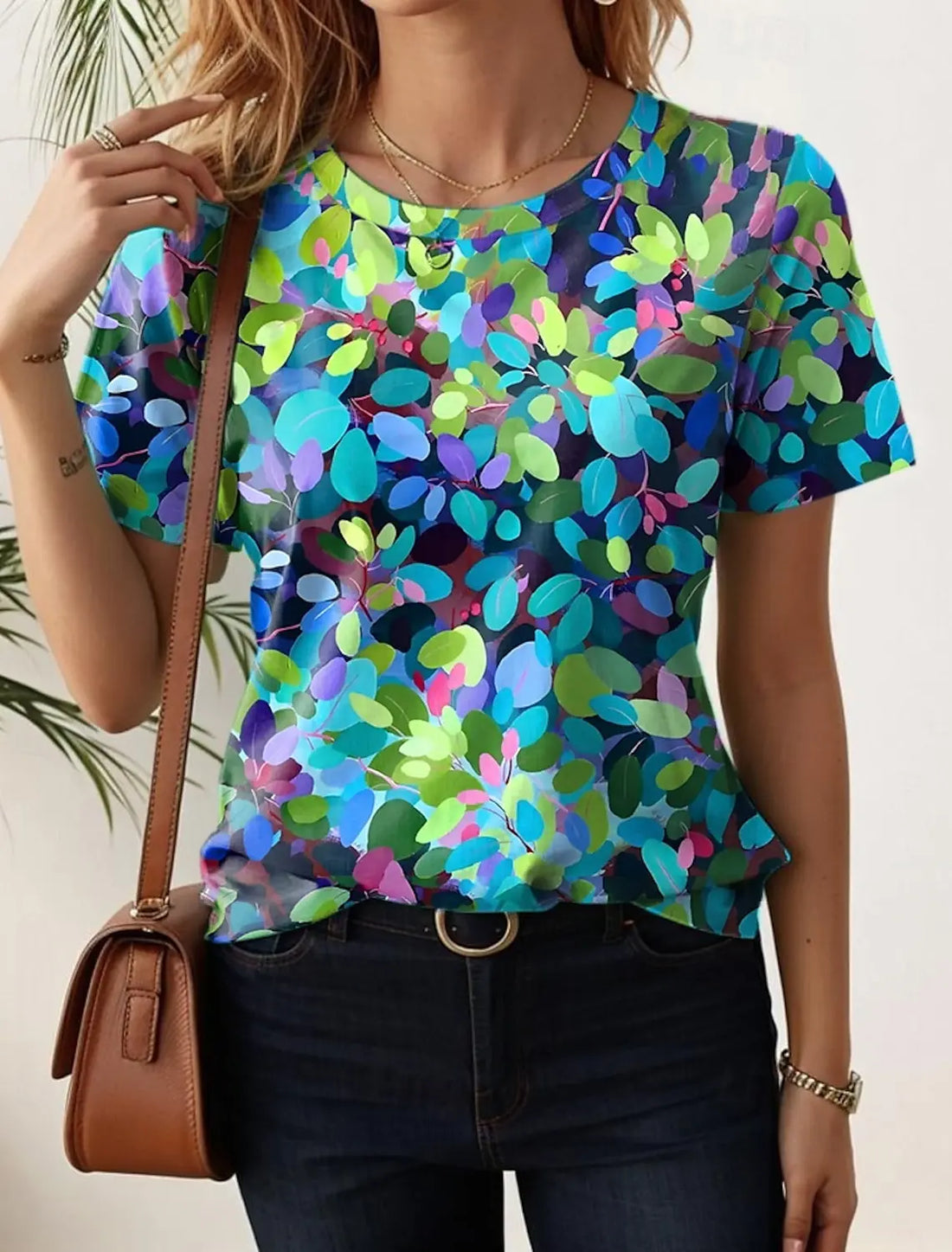 Monika Mehrfarbig Blumen Grafik Rundhals Kurzarm Damen Longshirt Baumwolle | Leicht Laessig Frisch Sommer Freizeit Oberteil | Bequem - S-5XL
