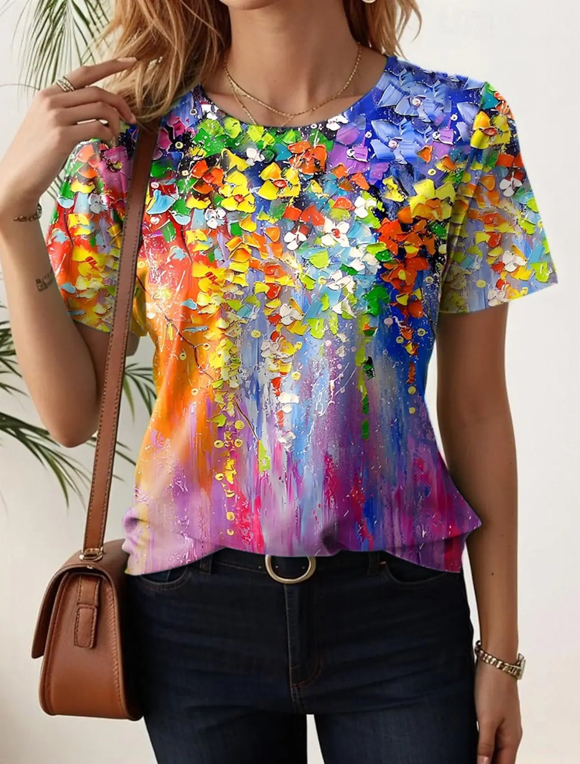 Monika Mehrfarbig Blumen Grafik Rundhals Kurzarm Damen Longshirt Baumwolle | Leicht Laessig Frisch Sommer Freizeit Oberteil | Bequem - S-5XL