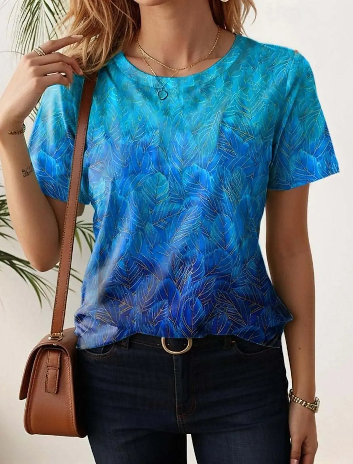 Monika Mehrfarbig Blumen Grafik Rundhals Kurzarm Damen Longshirt Baumwolle | Leicht Laessig Frisch Sommer Freizeit Oberteil | Bequem - S-5XL