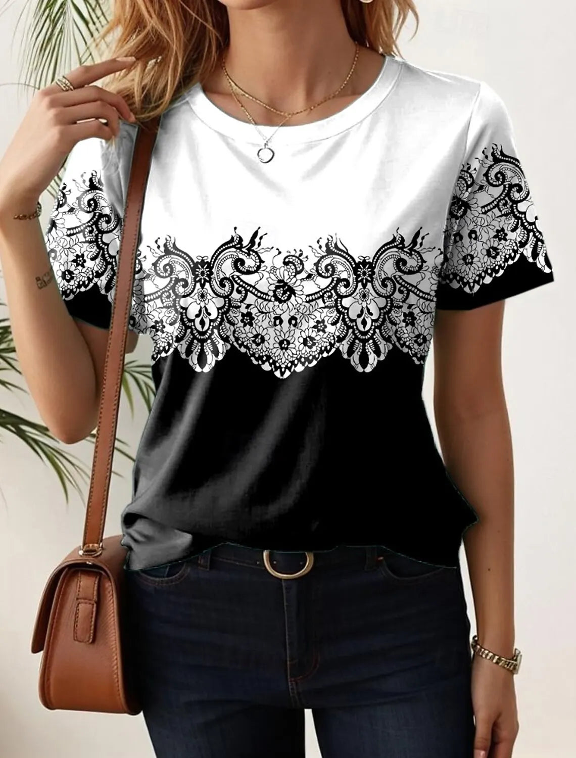 Monika Mehrfarbig Blumen Grafik Rundhals Kurzarm Damen Longshirt Baumwolle | Leicht Laessig Frisch Sommer Freizeit Oberteil | Bequem - S-5XL