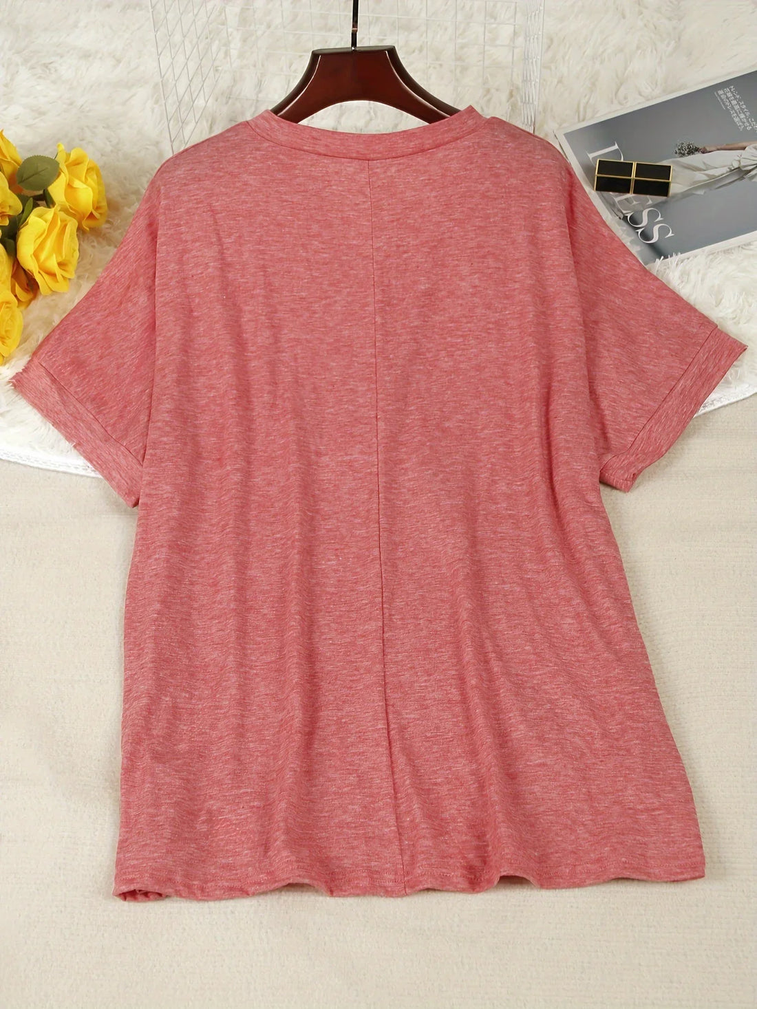 Brigitte Rosa V-Ausschnitt Knoepfe Kurzarm Damen T-Shirt Uebergroesse | Leicht Atmungsaktiv Laessig Sommer Freizeit Oberteil | Bequem - 1XL/2XL/3XL