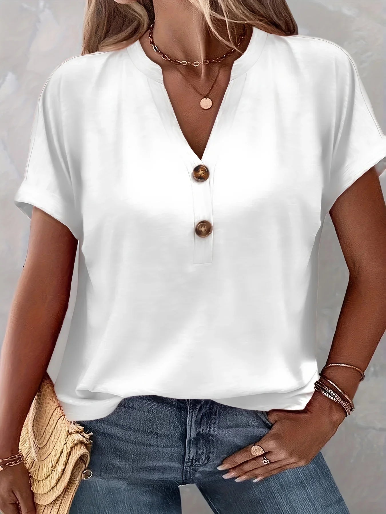 Brigitte Rosa V-Ausschnitt Knoepfe Kurzarm Damen T-Shirt Uebergroesse | Leicht Atmungsaktiv Laessig Sommer Freizeit Oberteil | Bequem - 1XL/2XL/3XL