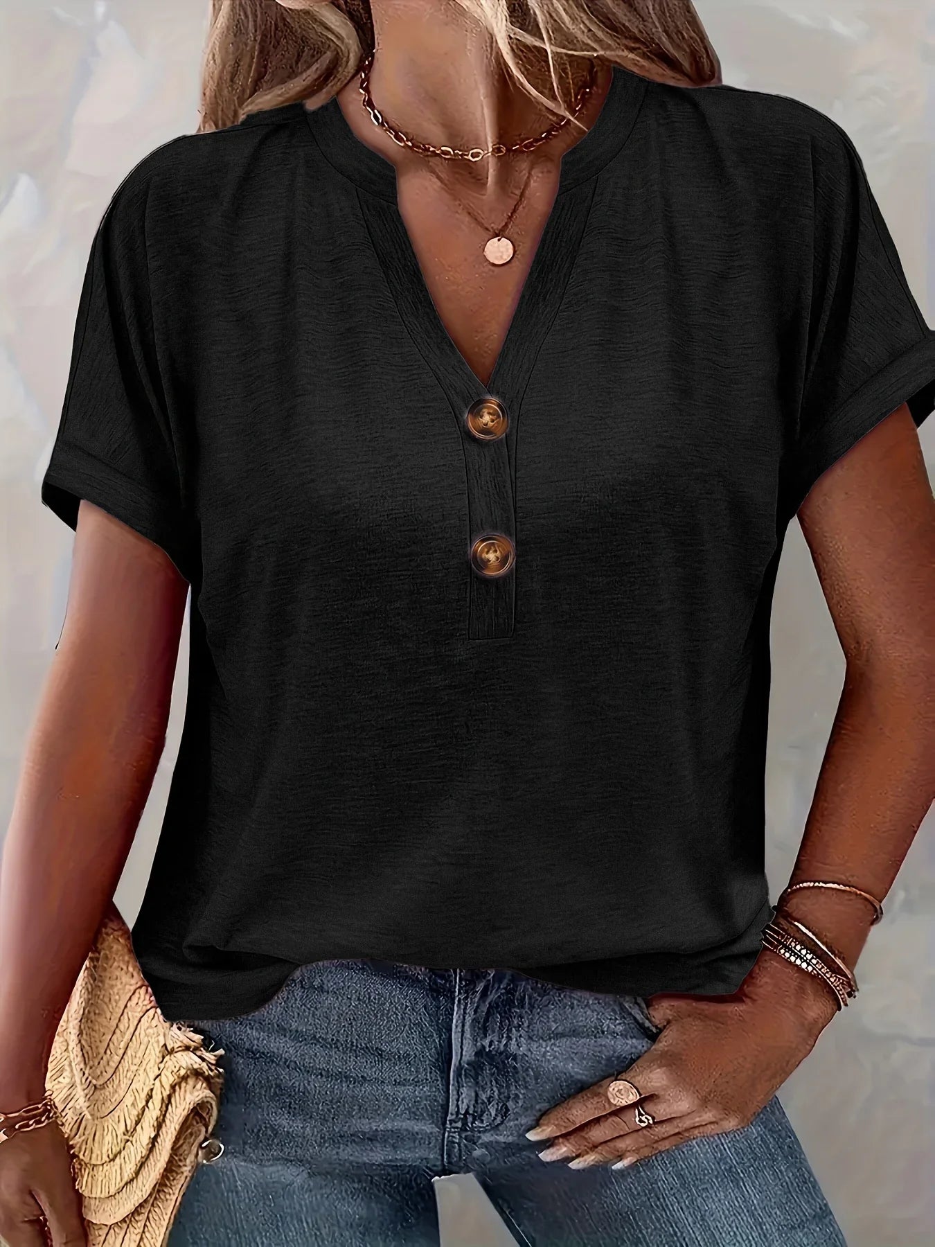 Brigitte Rosa V-Ausschnitt Knoepfe Kurzarm Damen T-Shirt Uebergroesse | Leicht Atmungsaktiv Laessig Sommer Freizeit Oberteil | Bequem - 1XL/2XL/3XL