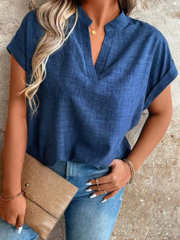Rosemarie Blau V-Ausschnitt Fledermausaermel Damen Oberteil Leicht Locker | Elegant Laessig Frühling Sommer Freizeit Shirt | Bequem - S/M/L/XL/XXL