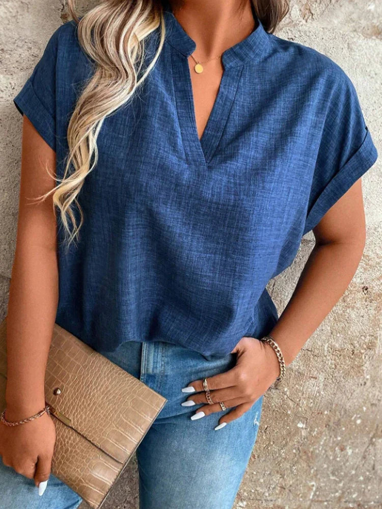 Rosemarie Blau V-Ausschnitt Fledermausaermel Damen Oberteil Leicht Locker | Elegant Laessig Frühling Sommer Freizeit Shirt | Bequem - S/M/L/XL/XXL