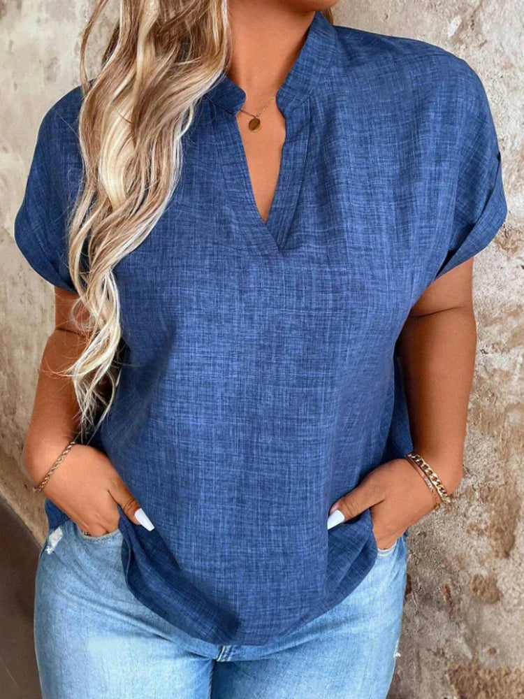 Rosemarie Blau V-Ausschnitt Fledermausaermel Damen Oberteil Leicht Locker | Elegant Laessig Frühling Sommer Freizeit Shirt | Bequem - S/M/L/XL/XXL