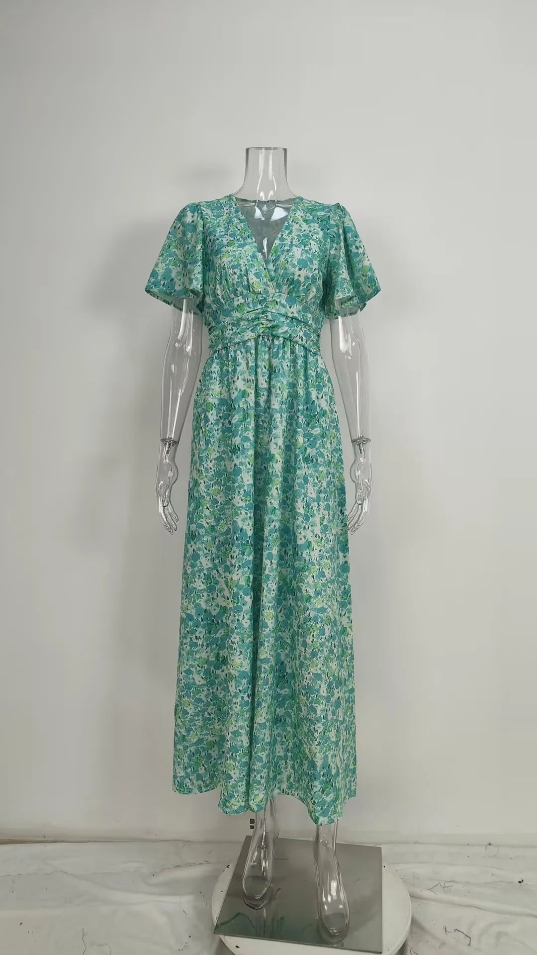 Brigitte Blau Blumen V-Ausschnitt Kurzarm Damen Maxikleid Laessig | Elegant Fliessend Sommer Buero Strand Party Kleid | Vielseitig - S-3XL