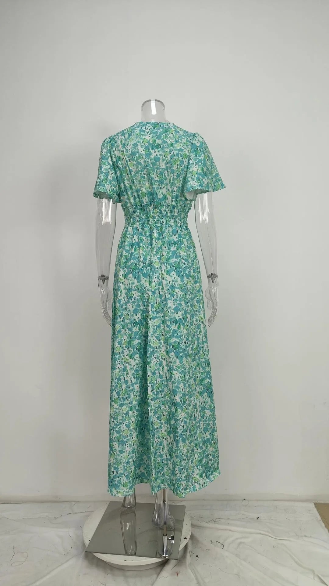 Brigitte Blau Blumen V-Ausschnitt Kurzarm Damen Maxikleid Laessig | Elegant Fliessend Sommer Buero Strand Party Kleid | Vielseitig - S-3XL