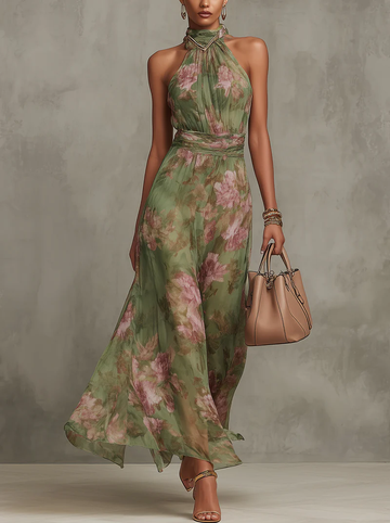 Sophie Green Floral Halter Maxi Dress for Women | Elegant Summer Wedding Guest Dress | Lightweight Flowy Fit – XS-2XL