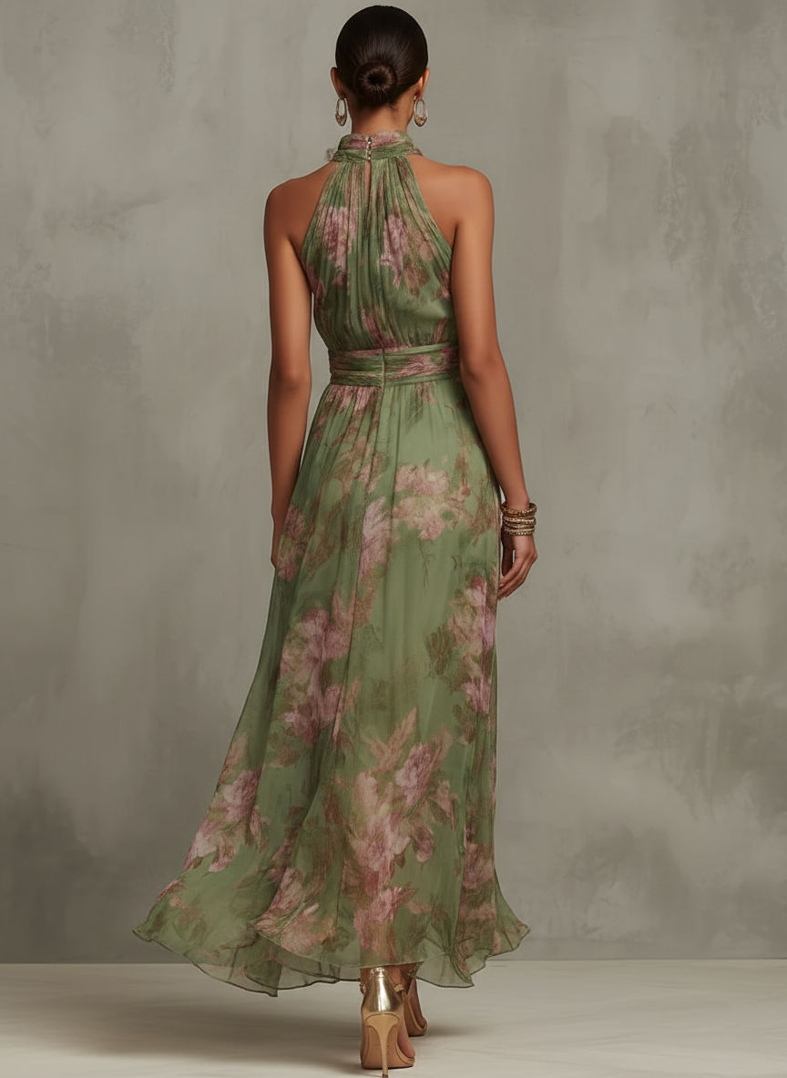 Sophie Green Floral Halter Maxi Dress for Women | Elegant Summer Wedding Guest Dress | Lightweight Flowy Fit – XS-2XL