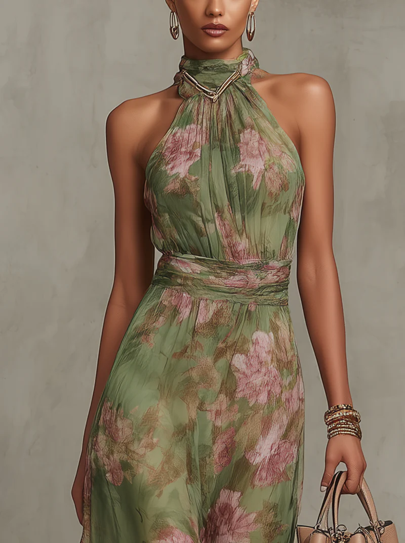 Sophie Green Floral Halter Maxi Dress for Women | Elegant Summer Wedding Guest Dress | Lightweight Flowy Fit – XS-2XL