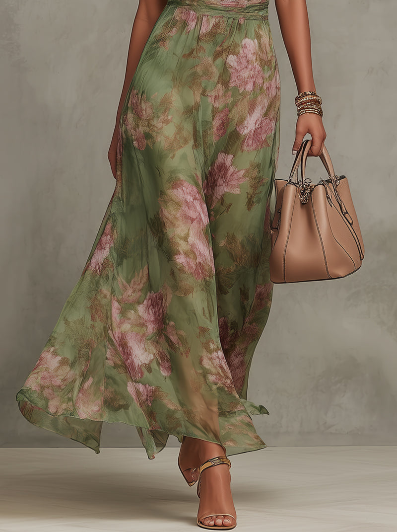 Sophie Green Floral Halter Maxi Dress for Women | Elegant Summer Wedding Guest Dress | Lightweight Flowy Fit – XS-2XL