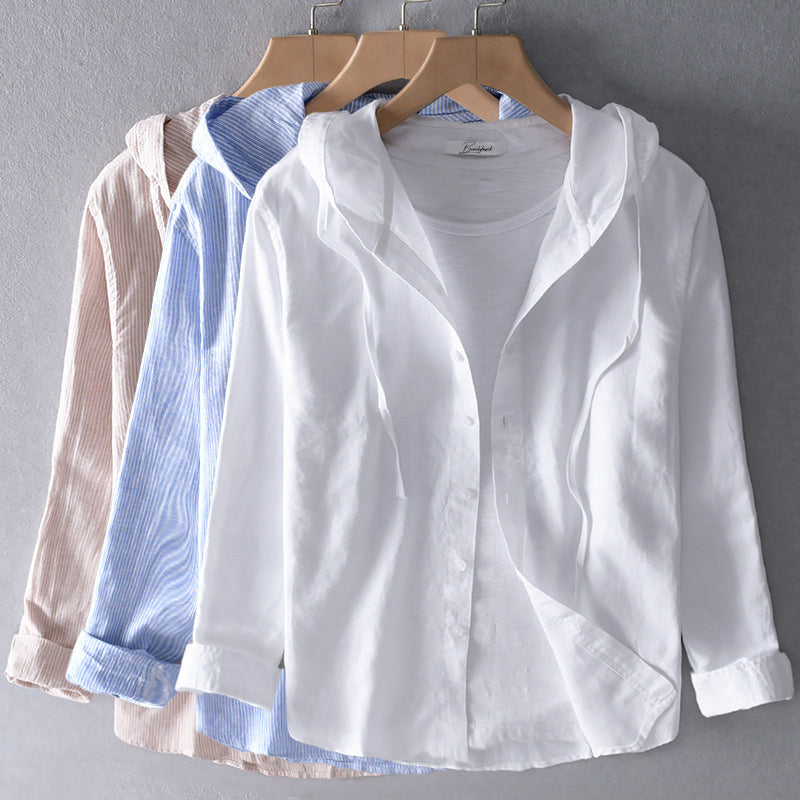 Monika Blau Gestreiftes Kapuzenhemd für Damen | Atmungsaktiv Leinenblend | Sommer Freizeit - M/L/XL/2XL/3XL