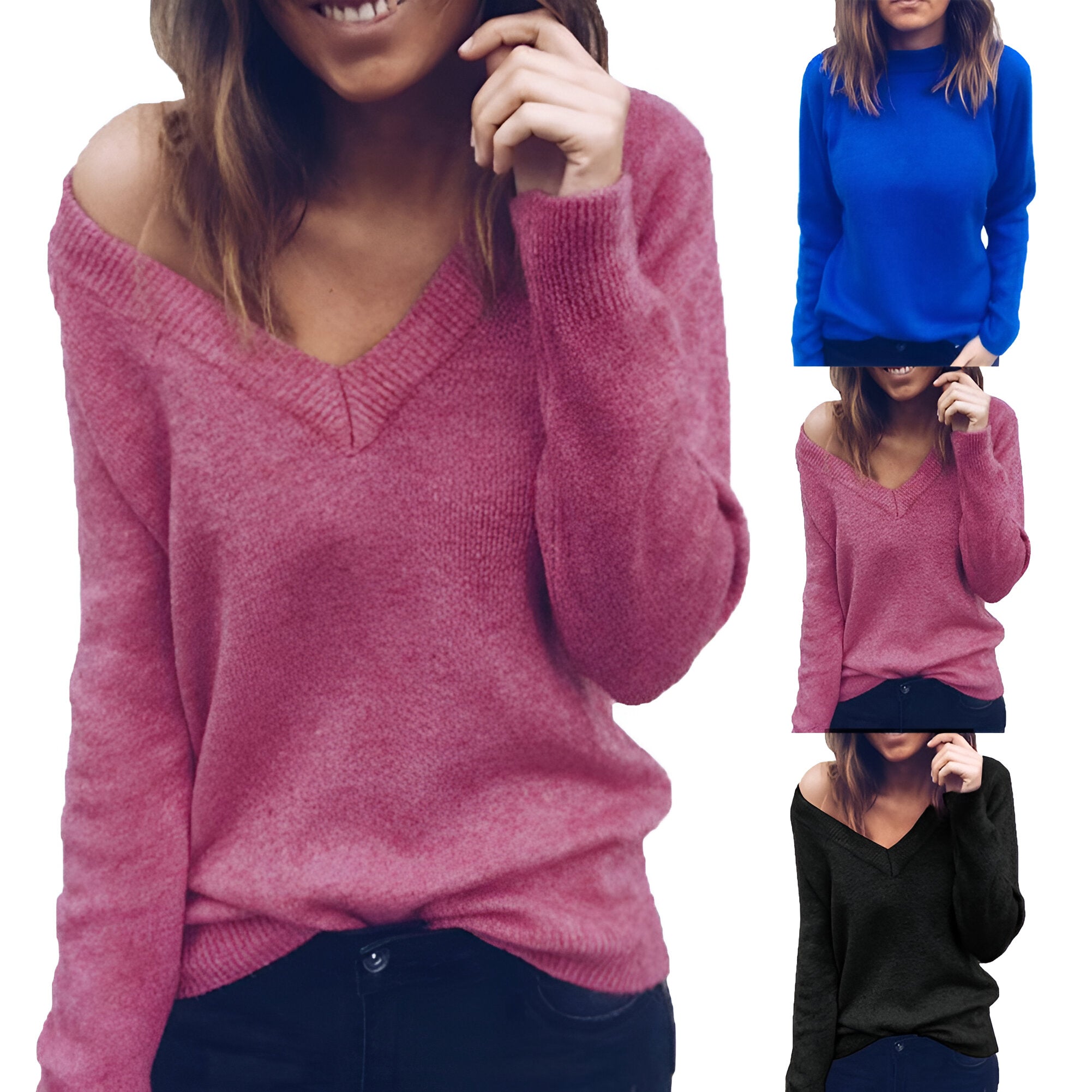 Vela Damen Pullover | V-Ausschnitt, Locker Gestrickt, Einfarbig- S-2XL