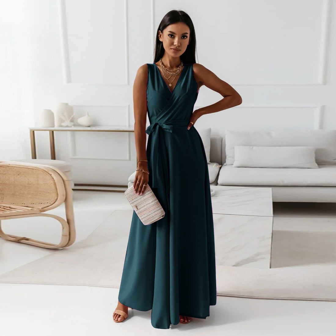Vela Damen Wickelkleid | V-Ausschnitt, Maxi, Festlich- S-2XL