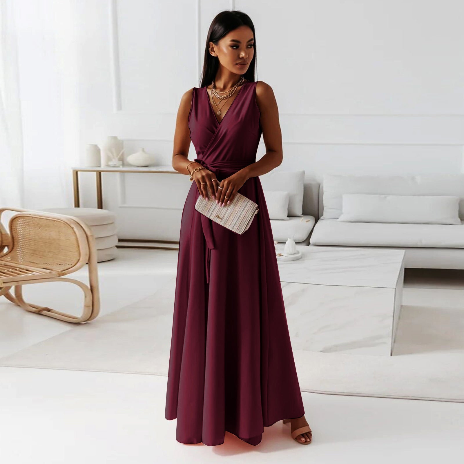 Vela Damen Wickelkleid | V-Ausschnitt, Maxi, Festlich- S-2XL