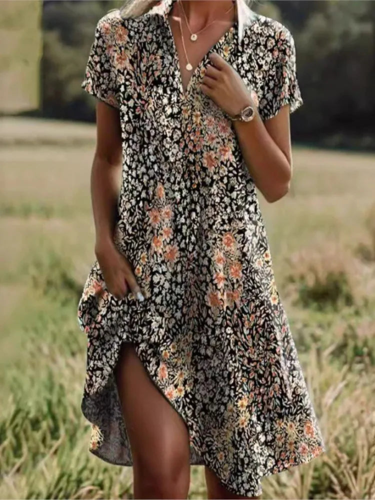 Heidi Grün Boho Print V-Ausschnitt Kurzarm Damen Maxikleid Taschen | Elegant Laessig Fliessend Sommer Strand Freizeit Kleid | Bequem - S-3XL