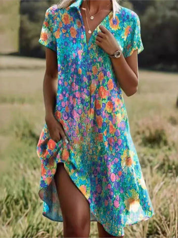 Heidi Grün Boho Print V-Ausschnitt Kurzarm Damen Maxikleid Taschen | Elegant Laessig Fliessend Sommer Strand Freizeit Kleid | Bequem - S-3XL