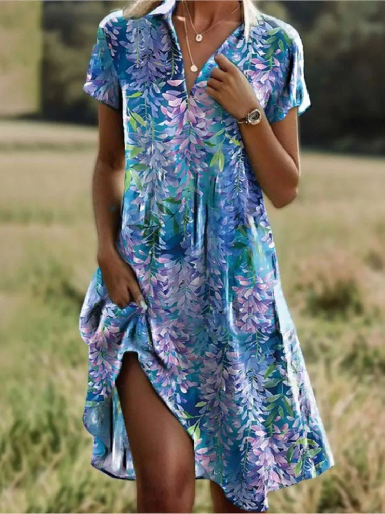 Heidi Grün Boho Print V-Ausschnitt Kurzarm Damen Maxikleid Taschen | Elegant Laessig Fliessend Sommer Strand Freizeit Kleid | Bequem - S-3XL