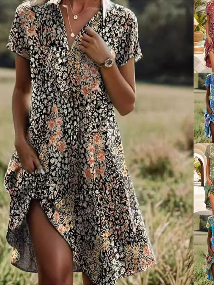 Heidi Grün Boho Print V-Ausschnitt Kurzarm Damen Maxikleid Taschen | Elegant Laessig Fliessend Sommer Strand Freizeit Kleid | Bequem - S-3XL
