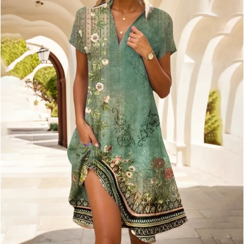 Heidi Grün Boho Print V-Ausschnitt Kurzarm Damen Maxikleid Taschen | Elegant Laessig Fliessend Sommer Strand Freizeit Kleid | Bequem - S-3XL