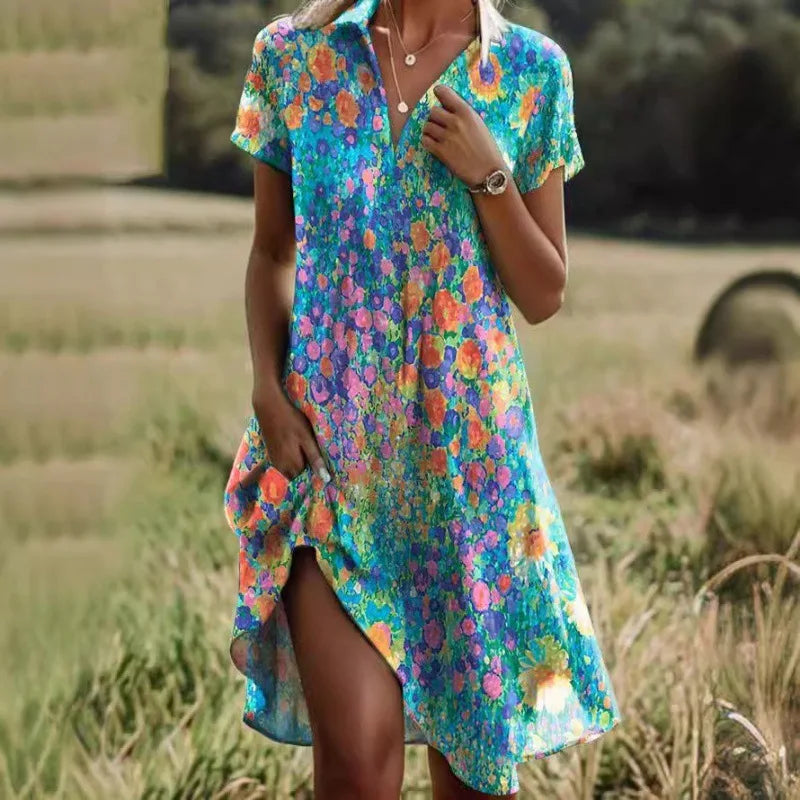 Heidi Grün Boho Print V-Ausschnitt Kurzarm Damen Maxikleid Taschen | Elegant Laessig Fliessend Sommer Strand Freizeit Kleid | Bequem - S-3XL