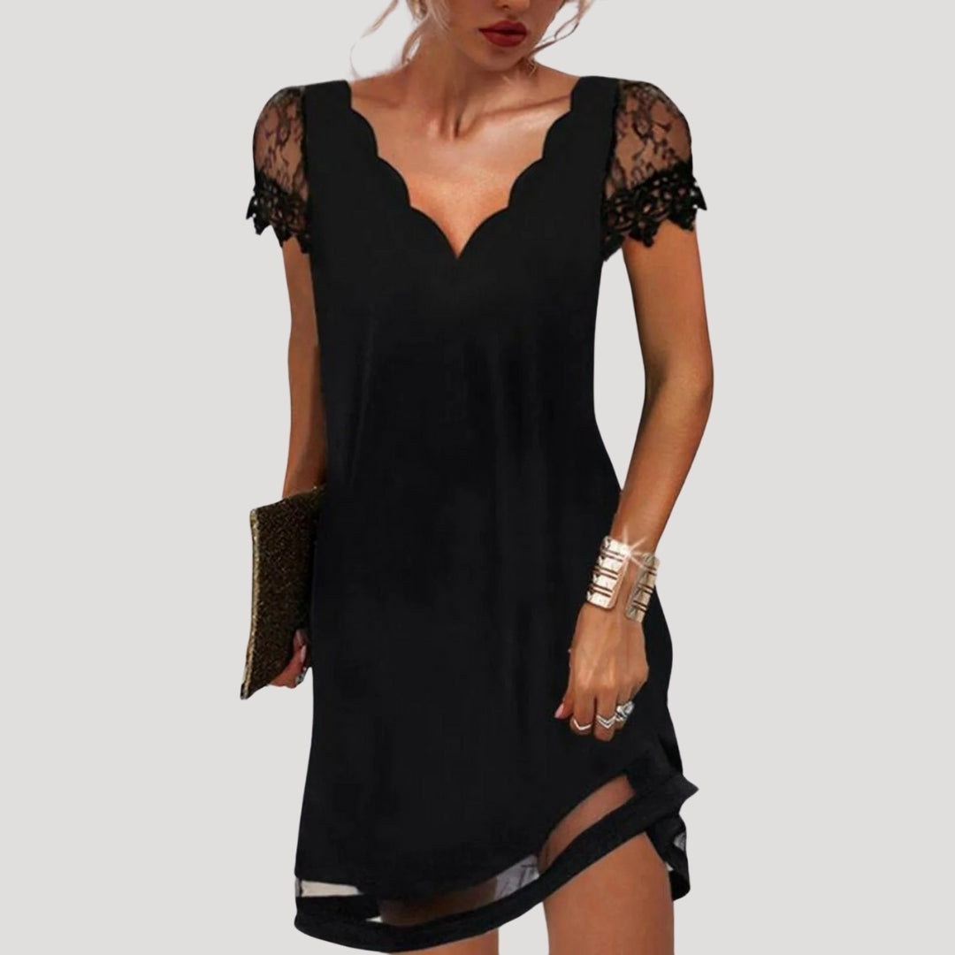 Vera Damen Kleid | V-Ausschnitt, Kurzärmel, Wellenkante, Elegant