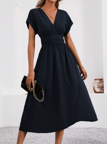 Vera Damen Midi Kleid | V-Ausschnitt, Plissierter Bund, 3/4-Ärmel