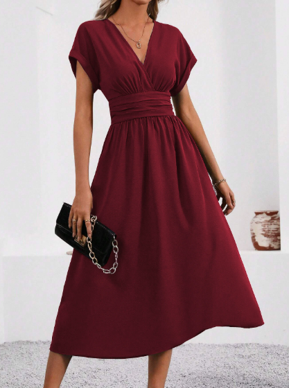 Vera Damen Midi Kleid | V-Ausschnitt, Plissierter Bund, 3/4-Ärmel