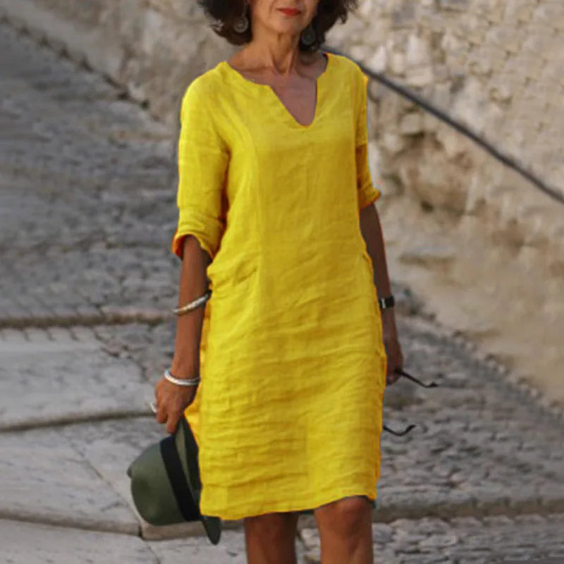 Margrit Hellblau V-Ausschnitt Leinen Sommerkleid Damen | Luftig Lässig Midi Kleid Dreiviertelarm | Baumwolle Leinen Mix – S/M/L/XL/2XL/3XL