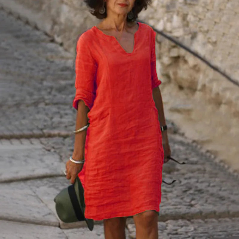 Margrit Hellblau V-Ausschnitt Leinen Sommerkleid Damen | Luftig Lässig Midi Kleid Dreiviertelarm | Baumwolle Leinen Mix – S/M/L/XL/2XL/3XL