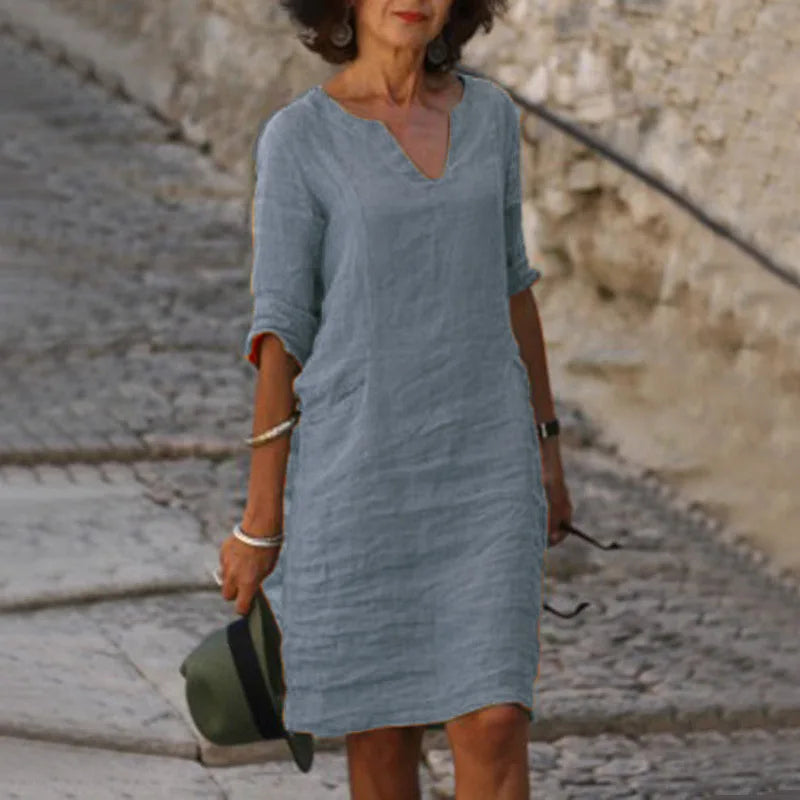 Margrit Hellblau V-Ausschnitt Leinen Sommerkleid Damen | Luftig Lässig Midi Kleid Dreiviertelarm | Baumwolle Leinen Mix – S/M/L/XL/2XL/3XL