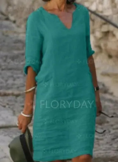 Margrit Hellblau V-Ausschnitt Leinen Sommerkleid Damen | Luftig Lässig Midi Kleid Dreiviertelarm | Baumwolle Leinen Mix – S/M/L/XL/2XL/3XL