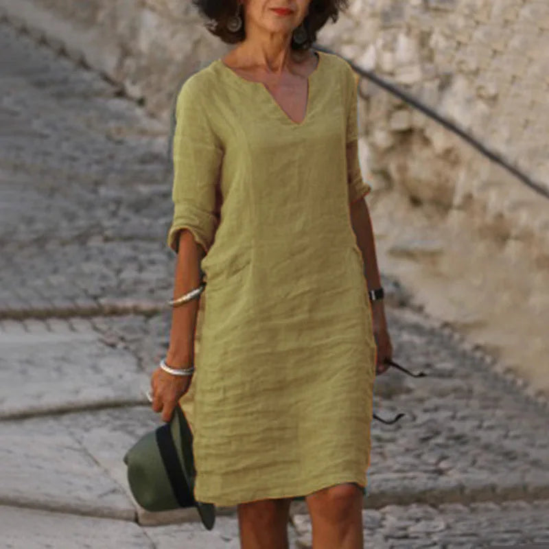 Margrit Hellblau V-Ausschnitt Leinen Sommerkleid Damen | Luftig Lässig Midi Kleid Dreiviertelarm | Baumwolle Leinen Mix – S/M/L/XL/2XL/3XL