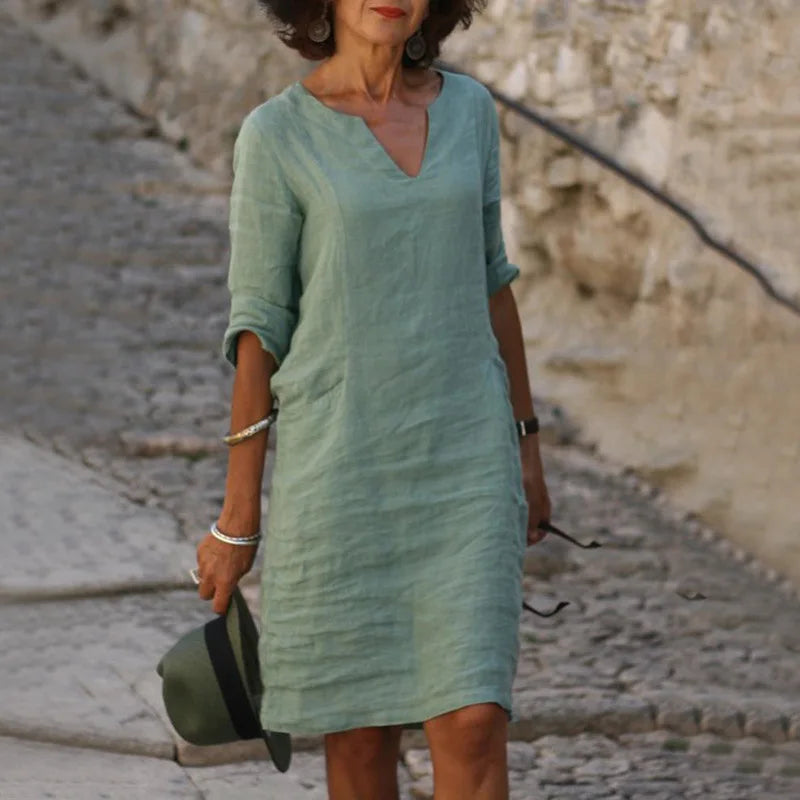 Margrit Hellblau V-Ausschnitt Leinen Sommerkleid Damen | Luftig Lässig Midi Kleid Dreiviertelarm | Baumwolle Leinen Mix – S/M/L/XL/2XL/3XL