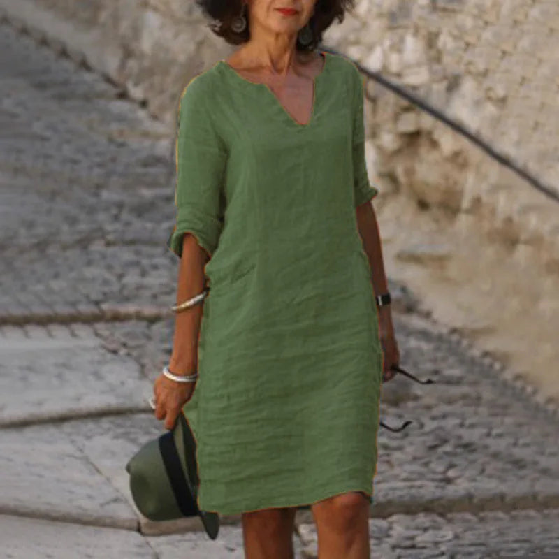 Margrit Hellblau V-Ausschnitt Leinen Sommerkleid Damen | Luftig Lässig Midi Kleid Dreiviertelarm | Baumwolle Leinen Mix – S/M/L/XL/2XL/3XL