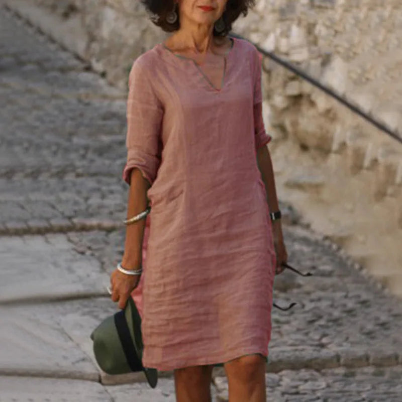 Margrit Hellblau V-Ausschnitt Leinen Sommerkleid Damen | Luftig Lässig Midi Kleid Dreiviertelarm | Baumwolle Leinen Mix – S/M/L/XL/2XL/3XL