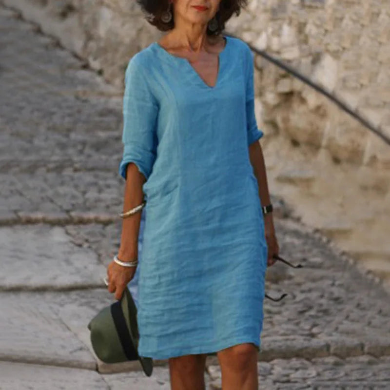 Margrit Hellblau V-Ausschnitt Leinen Sommerkleid Damen | Luftig Lässig Midi Kleid Dreiviertelarm | Baumwolle Leinen Mix – S/M/L/XL/2XL/3XL