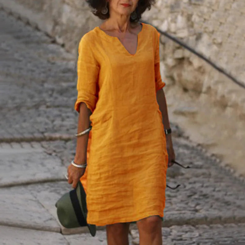 Margrit Hellblau V-Ausschnitt Leinen Sommerkleid Damen | Luftig Lässig Midi Kleid Dreiviertelarm | Baumwolle Leinen Mix – S/M/L/XL/2XL/3XL
