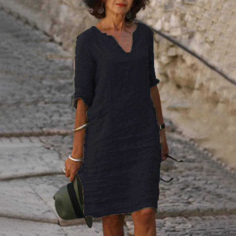 Margrit Hellblau V-Ausschnitt Leinen Sommerkleid Damen | Luftig Lässig Midi Kleid Dreiviertelarm | Baumwolle Leinen Mix – S/M/L/XL/2XL/3XL