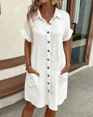 Monika Gruen V-Ausschnitt Dreiviertel Aermel Damen Minikleid Baumwolle Leinen | Leicht Luftig Sommer Urlaubskleid | Laessig - S/M/L/XL/XXL