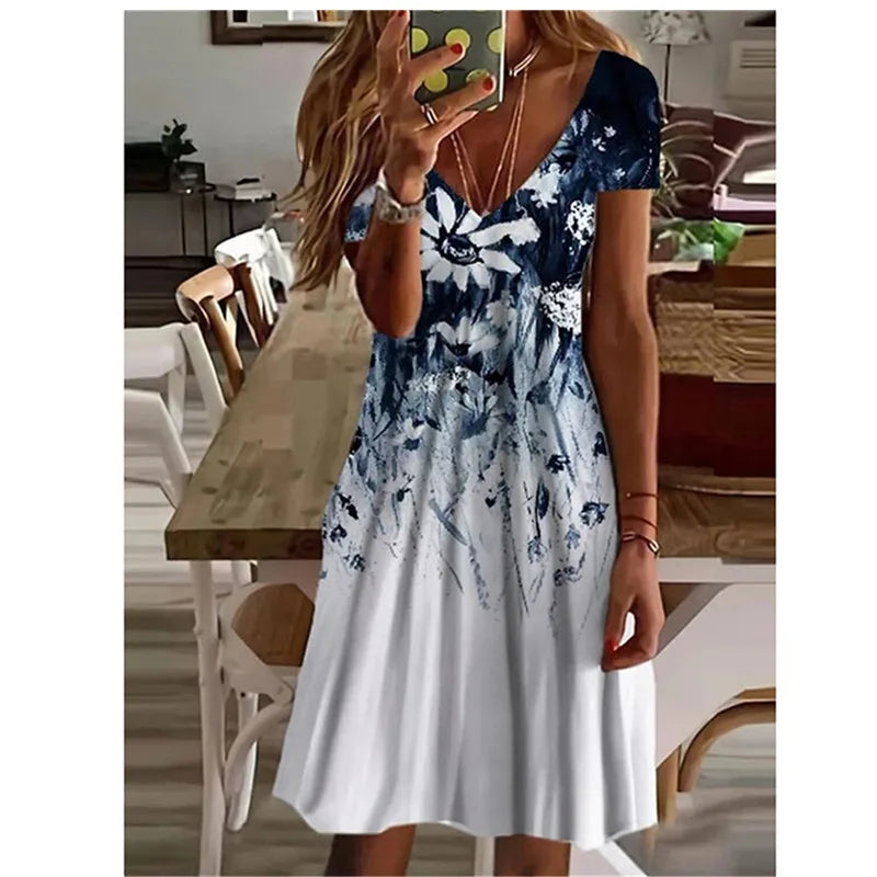 Elisabeth Mehrfarbig 3D Vintage Floral V-Ausschnitt Kurzarm Damen Knielang Kleid | Elegant Leicht Sommer Gartenparty Hochzeit Kleid | Bequem - S-6XL