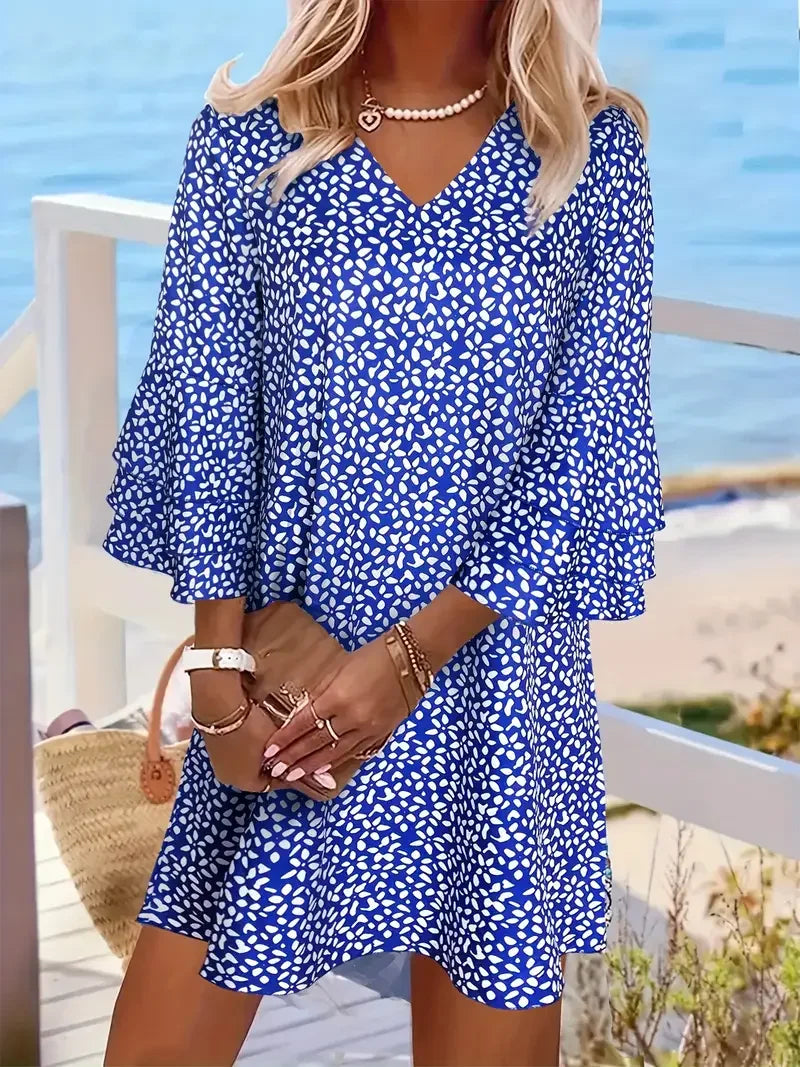 Vivi Damen Mini Kleid | V-Ausschnitt, Lässiger Stil, Allover-Druck- S-3XL
